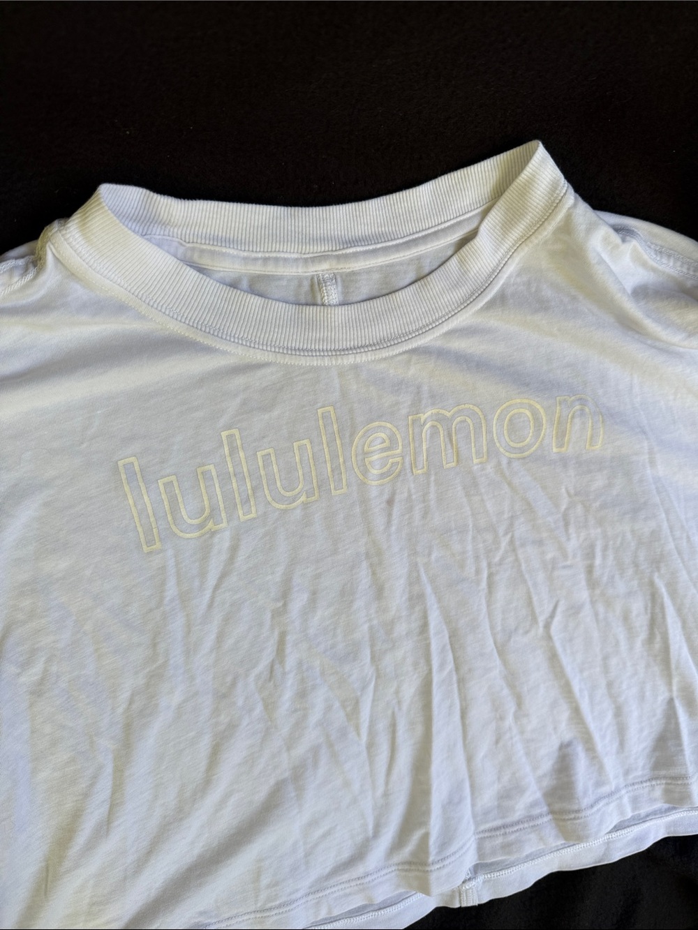 lululemon athletica White Cropped Tee with Pale Yellow Logo Outline